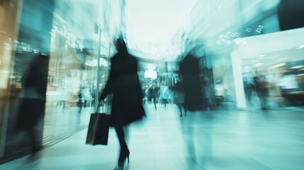 Motion blurred shopper with shopping bags walking in shopping mall in big city street.