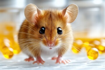 Obraz premium A close-up of a cute brown mouse with large eyes and ears, surrounded by yellow capsules.