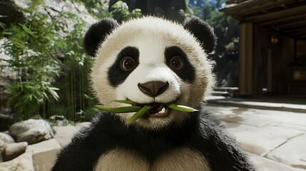Obraz premium A clean white-style image of A photorealistic image of a panda eating bamboo. 