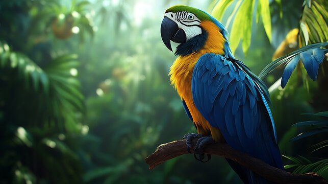 A clean white-style image of A photorealistic image of a parrot perched on a branch. 