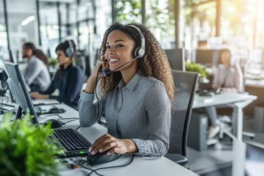 A woman in a headset working at a computer in a modern office environment.
