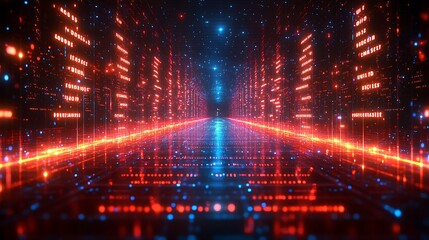 Obraz premium Futuristic digital corridor with red and blue glowing lines.