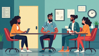 Fototapeta premium Doctors, patient sit around table in medical office. Diverse healthcare team discusses medical records, patient health. Visual highlights disparities in healthcare access quality. Meeting emphasizes