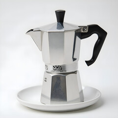 Stylish italian coffee maker on a white plate ready for brewing fresh espresso at home, photograph of product photography concept.