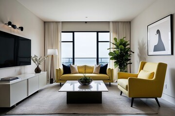 Fototapeta premium Modern Minimalist Living Room Decor Featuring Light Yellow Armchair and Square Coffee Table