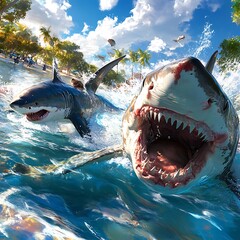 Obraz premium A clean white-style image of A photorealistic image of a shark swimming in the ocean. 