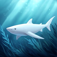 Obraz premium A clean white-style image of A photorealistic image of a shark swimming in the ocean. 