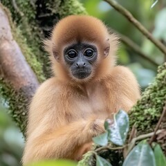 Fototapeta premium A clean white-style image of A photorealistic image of a spider monkey swinging through the canopy. 