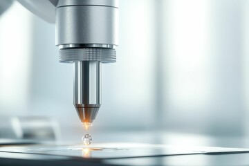 surgery recovery innovation concept, A close-up of a microscope's objective lens, focusing on a droplet on a slide, emphasizing precision and scientific inquiry.
