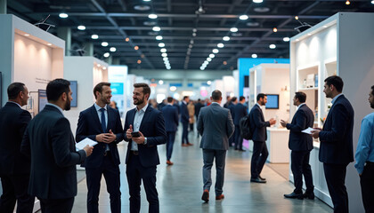 Business people networking at trade show. Professionals converse and discuss new products and services. They stand near many booths. Event takes place in a large hall. Busy atmosphere.