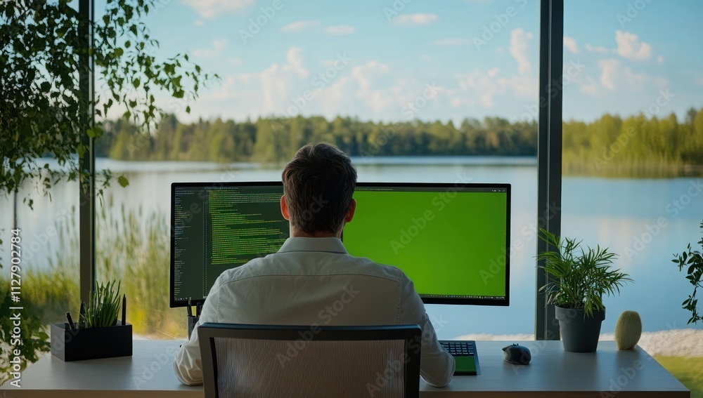 Poster Man working on computer with lake view.
