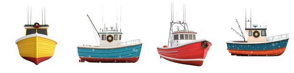 Naklejka premium Vintage 3D Xmas Fishing Concept. A collection of colorful fishing boats, showcasing unique designs and vibrant colors on a white background., Isolated on white background
