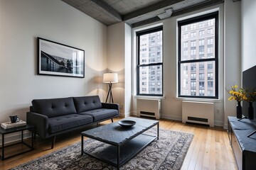 Fototapeta premium Chic Urban Loft Decor with Slate Coffee Table Charcoal Grey Futon and Bright White Walls