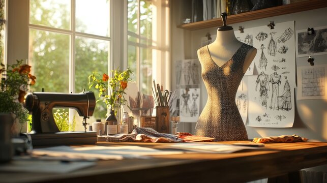 An ultra-detailed, photorealistic high-resolution 8k image of a fashion designer's workspace