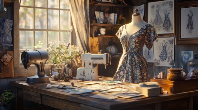 An ultra-detailed, photorealistic high-resolution 8k image of a fashion designer's workspace