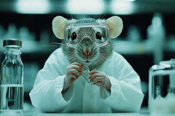 A laboratory mouse in a lab coat and goggles, holding a vial, symbolizing scientific research.