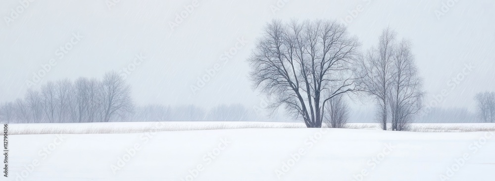 Poster winter landscape with bare trees in snowy field.