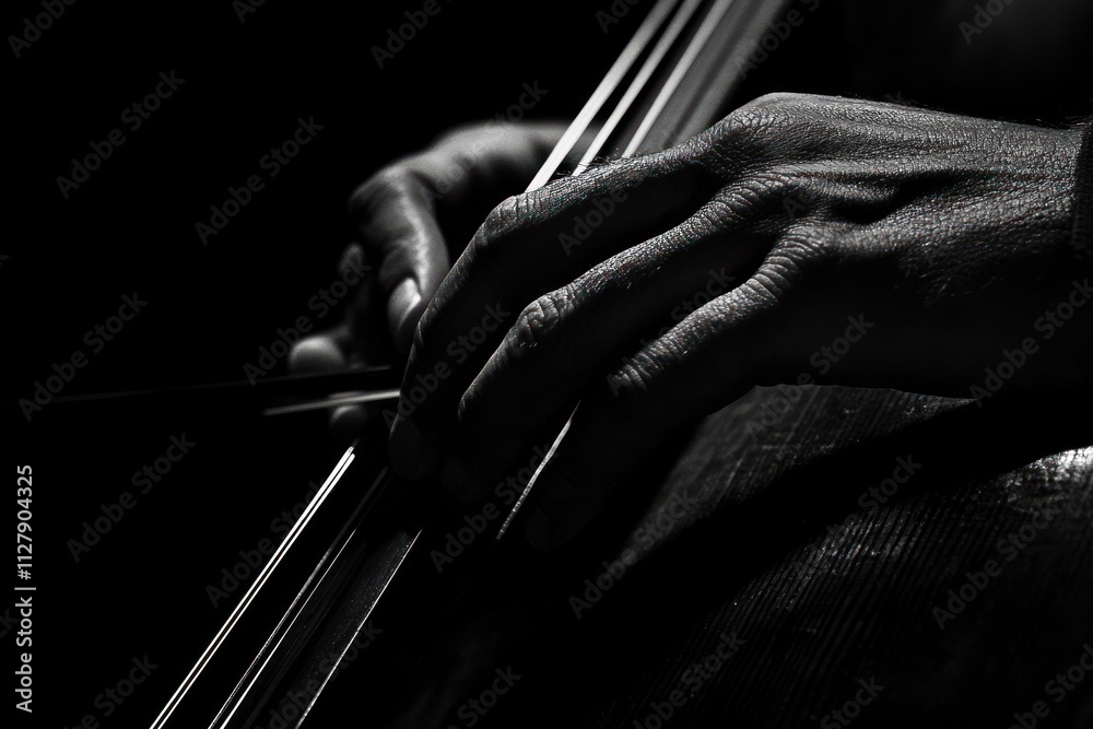 Poster close-up monochrome image of hands playing cello.