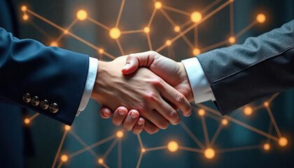 Businessmen shake hands tech, human connection. Digital transactions blend with personal interaction. Illustration shows agreement, collaboration in modern business. Global tech collaboration