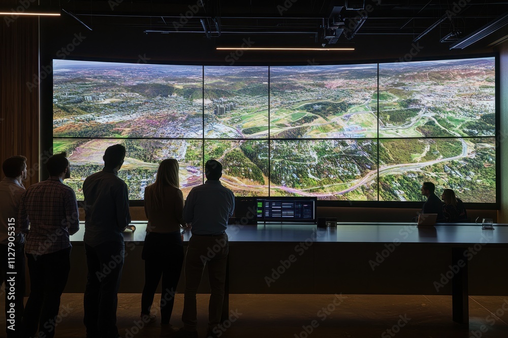 Poster People viewing panoramic city map on large display.