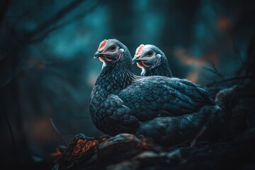 Two grey hens huddled together in a dark forest.