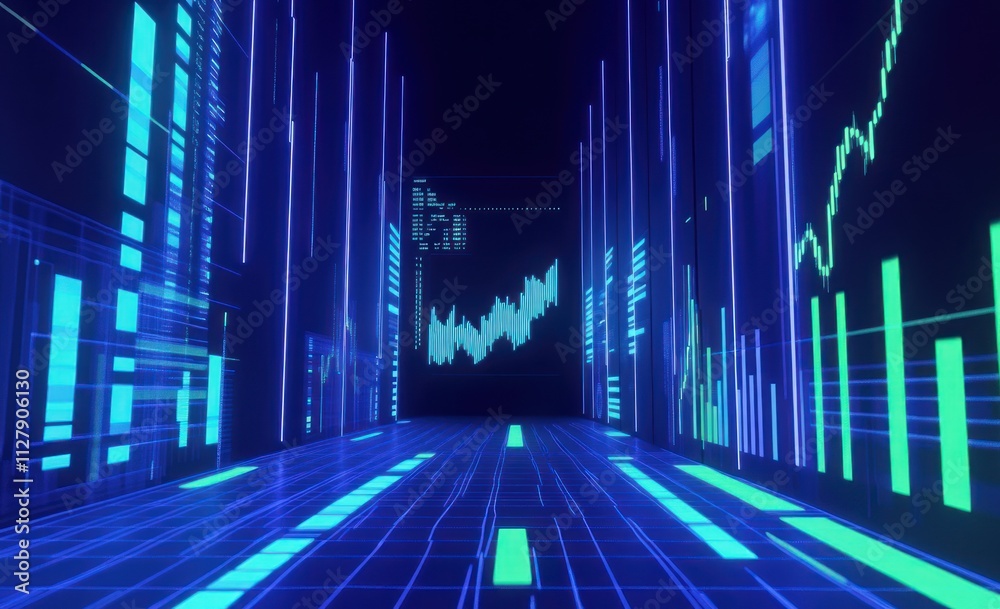 Aufkleber Futuristic digital tunnel with glowing data visualizations and graphs.