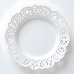 A close up of a beautifully crafted white plate with intricate lace patterns, photograph of still life concept.