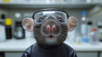 A rat wearing protective goggles and a lab coat in a scientific setting.