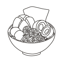 Delicious and warm meatball soup with noodles, and dumplings. Thin line illustration
