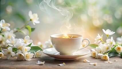 Aromatic Steam Rising from a Cup of Tea Surrounded by Delicate White Blossoms on Rustic Wood