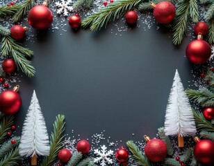 Christmas frame with red balls, white trees. Decorations in winter theme. Holiday greeting card layout. Perfect for Christmas, New Year cards. Use for invitations backgrounds. Creative winter design