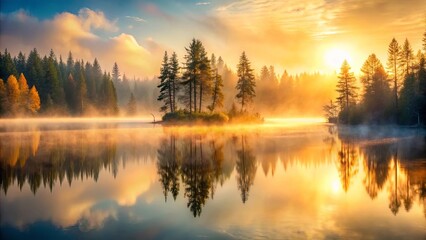 Obraz premium Golden Sunrise Over Serene Island Lake with Misty Trees