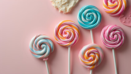colorful lollipops and cookies on a pink background