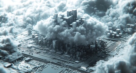 Fototapeta premium A Futuristic Cityscape Emerging from a Dense Layer of Clouds Above a Complex Circuit Board in a High-Tech Abstract Landscape
