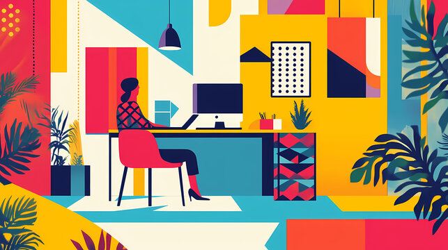 A vibrant abstract background showcasing office with a tessellation of contrasting geometric forms, creating a visually stimulating design. Tessellation. Illustration