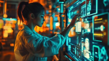 Obraz premium Innovative tech expert engaging with futuristic digital interface in a modern lab environment, showcasing cutting-edge technology advancements.