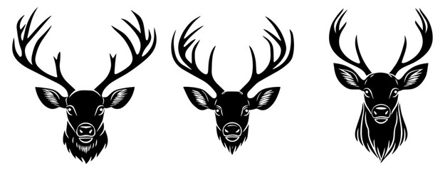 Detailed Deer Head Silhouettes with Antlers, Bold Wildlife Vector Art