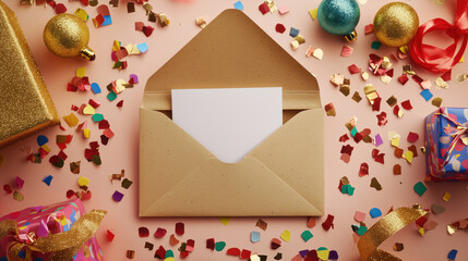 A blank note in an open recycled paper envelope on a pink surface with confetti, gifts, and vibrant decor. Ideal for celebration themes like birthdays, holidays, or stock visuals.