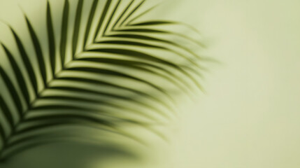 Fototapeta premium Palm leaf shadow on a green wall background. Olive color stylish flat lay with trendy shadow and sun light.