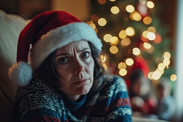 A sad woman sits alone during Christmas, feeling lonely and depressed at home with a decorated tree in the background. The photo shows a young, sad blonde girl wearing a Santa hat while resting.Ai
