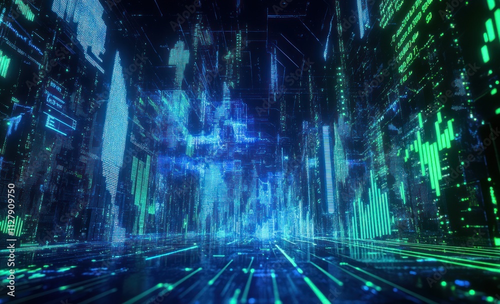 Poster Futuristic digital city scape with glowing data streams and graphs.