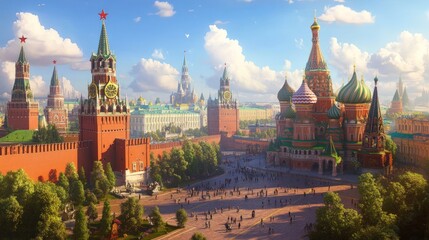 Fototapeta premium Red Square, Moscow: Kremlin, St. Basil's Cathedral, sunny day.