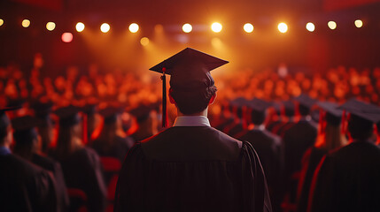 Graduates in black caps and gowns facing the stage during a ceremony in a brightly lit auditorium. Academic achievement and celebration concept