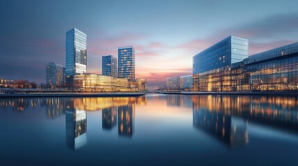 Fototapeta premium Modern cityscape at dawn, glass buildings reflecting early light, tranquil atmosphere,