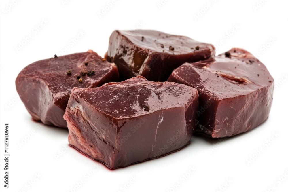 Poster Fresh raw beef liver cubes isolated on white.