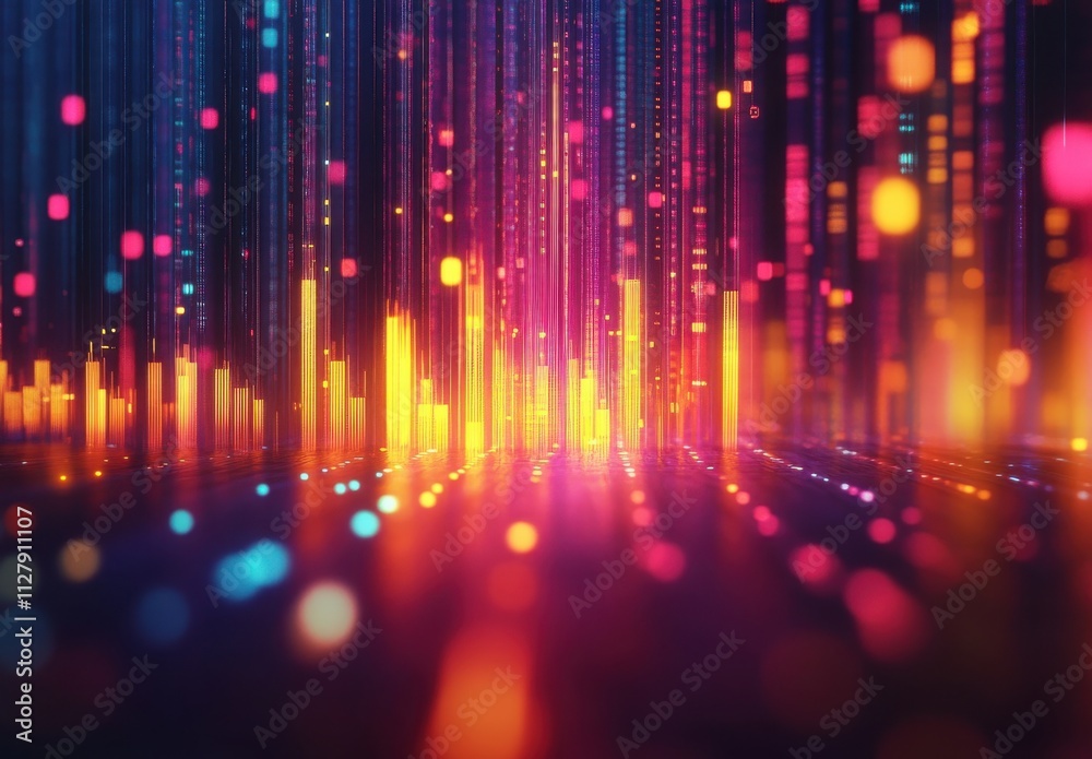Poster abstract digital sound waves with colorful lights and vertical lines creating a dynamic audio visual