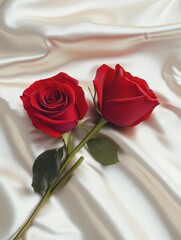 Satin Pillow Red Roses - Two red roses lay crossed on a cream satin pillow. Symbolizing love, romance, passion, beauty, and elegance.