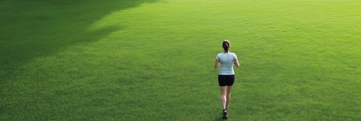 Fototapeta premium A fit woman jogs briskly across a lush green field under the sun, symbolizing health, vitality, and the joy of outdoor exercise in a beautiful natural environment.