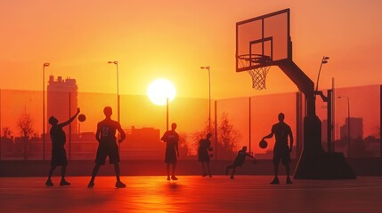 Silhouetted basketball players at sunset.