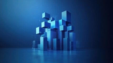 Abstract blue cubes forming a complex structure, reflecting on a dark surface.